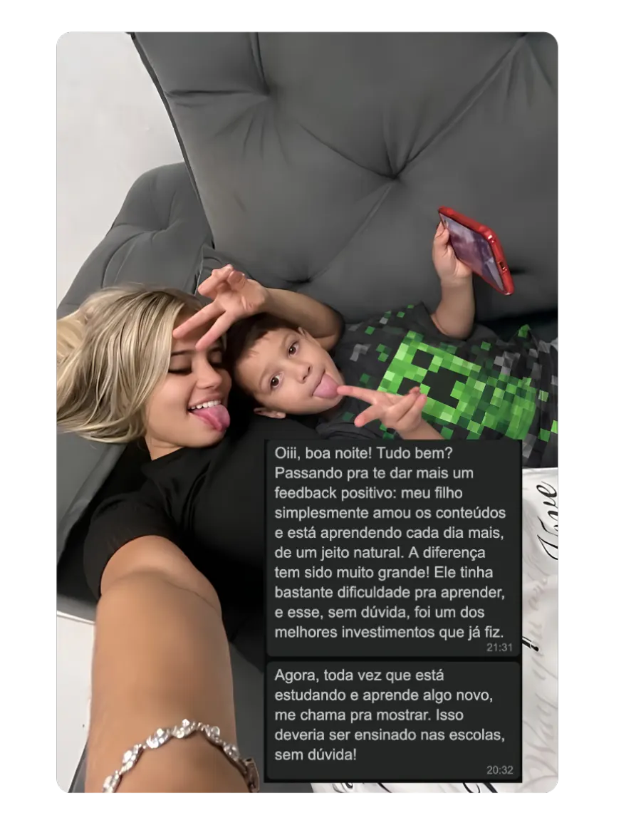 Print de WhatsApp: mãe conta que o filho amou os conteúdos e a chama pra mostrar o que aprendeu