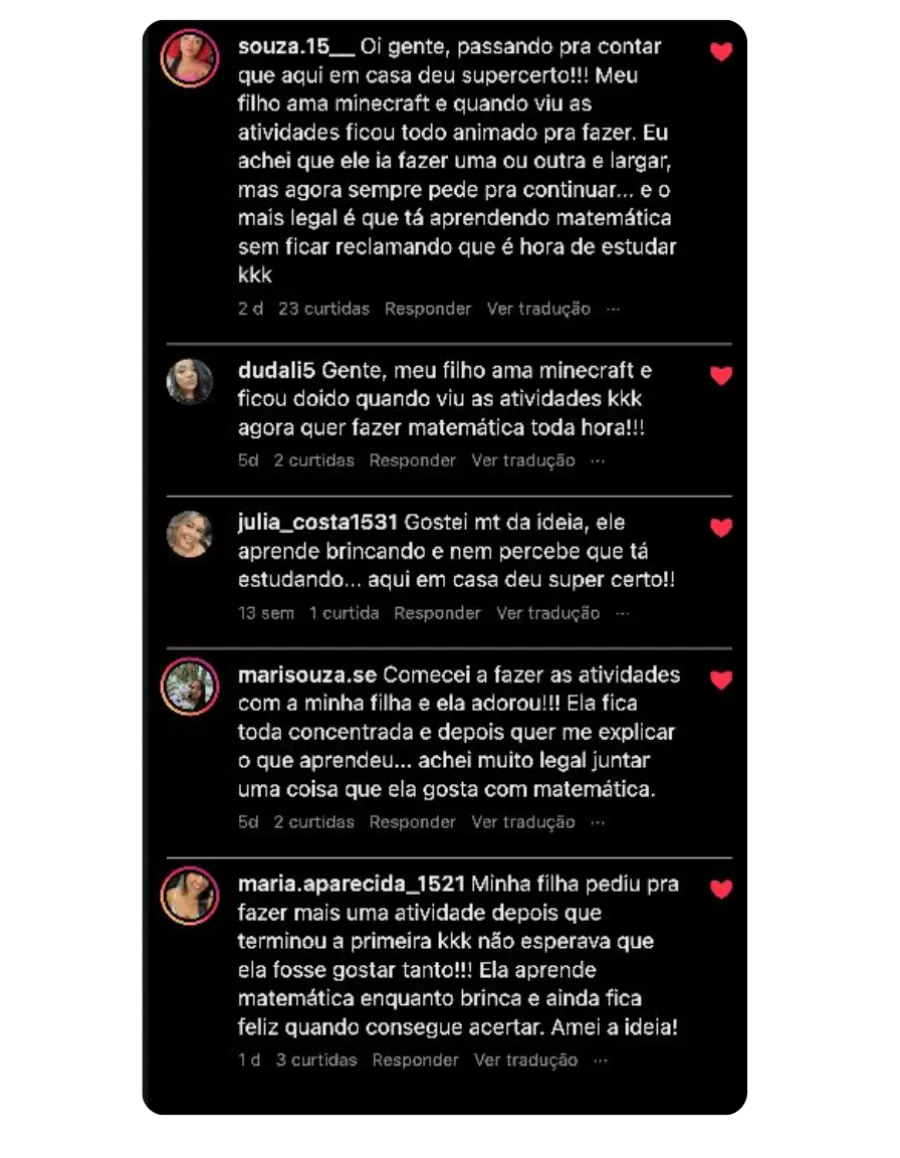Print de comentários do Instagram de mães sobre o Saberópolis