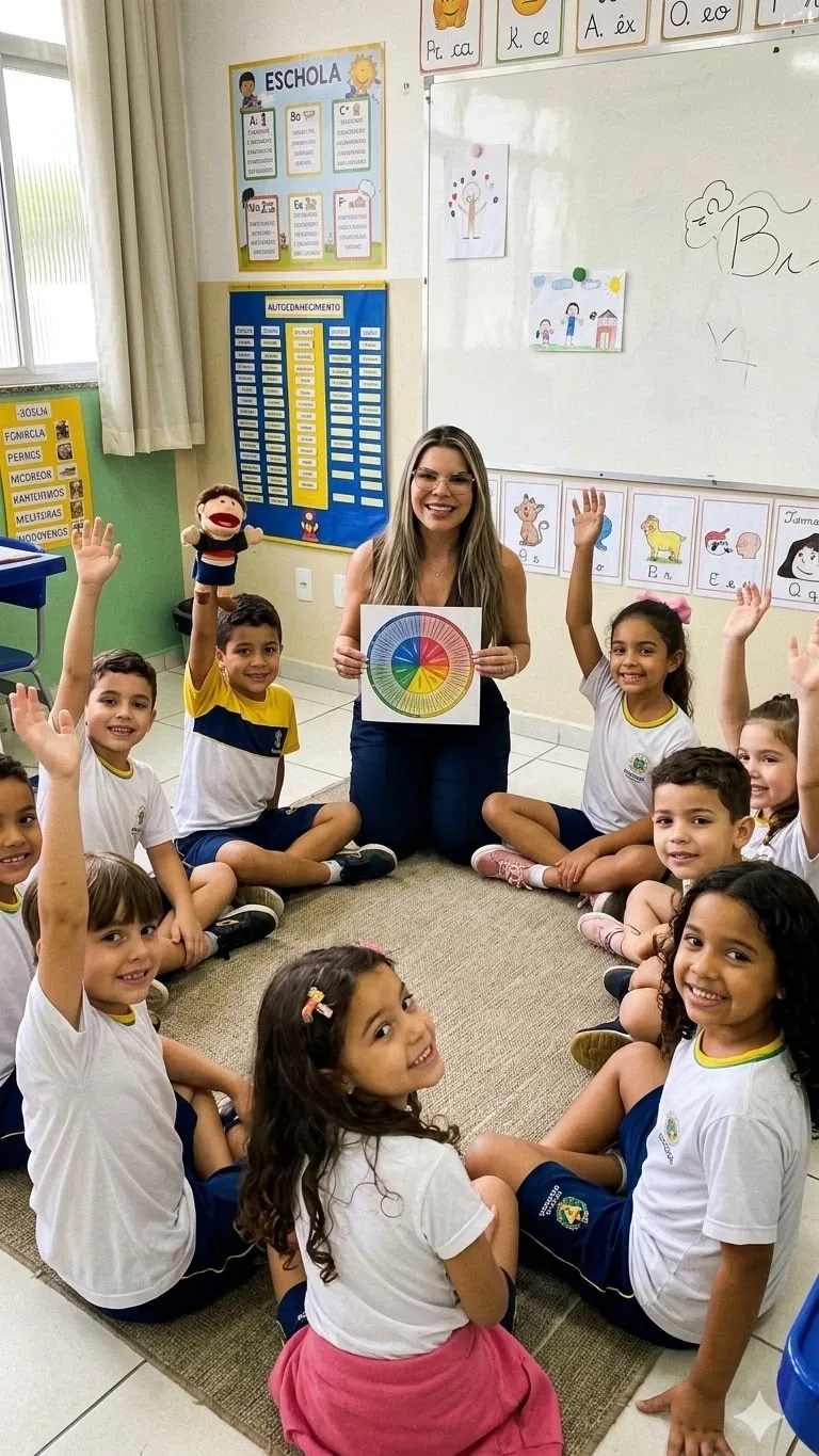 Profª Renata Silveira com seus alunos em sala de aula