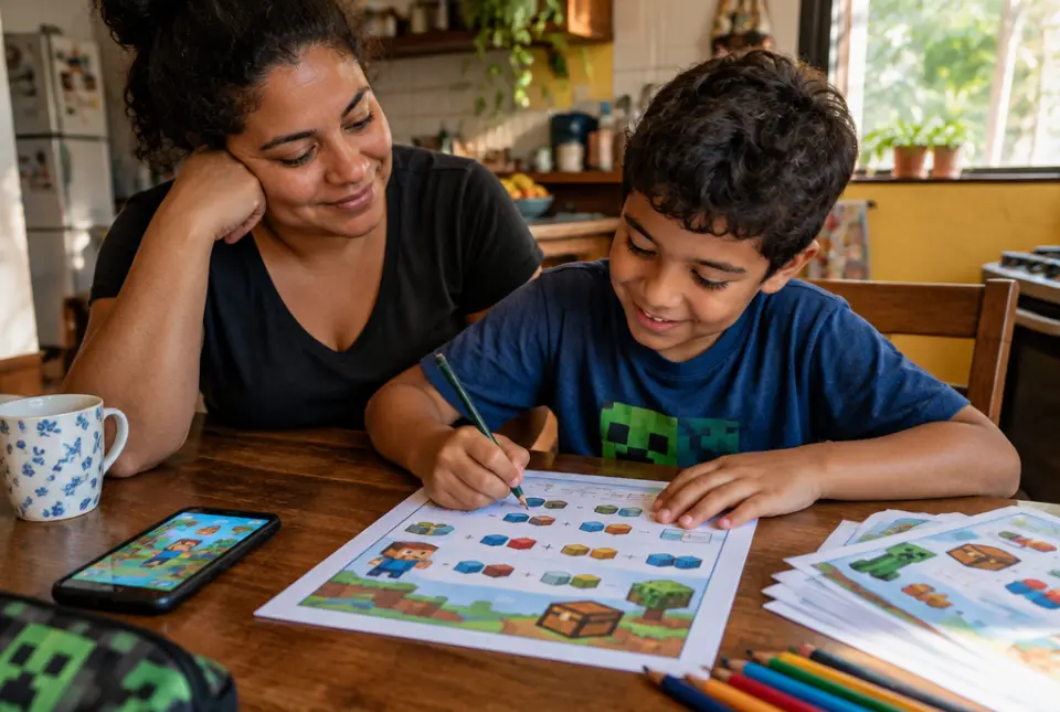 Mãe acompanhando o filho resolvendo uma atividade de matemática Saberópolis em casa